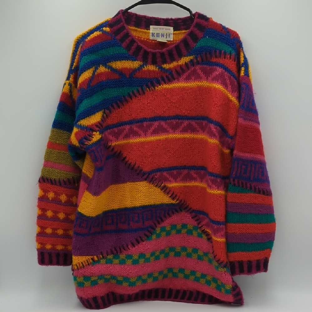 VTG Kenji Hand Knitted Sweater Women's M Patchwork Mohair Wool Oversize Rare